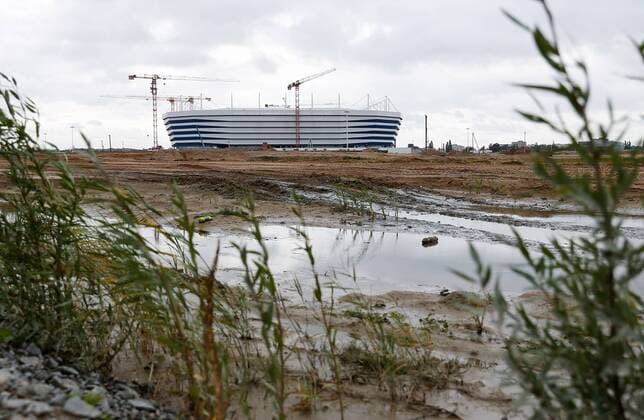 KALININGRAD, RUSSIA - OCTOBER 4, 2017: A distance view of Kaliningrad Stadium, a venue for 2018 FIFA World Cup WM Weltmeisterschaft Fussball matches, under construction. Vitaly Nevar TASS  TS06314F