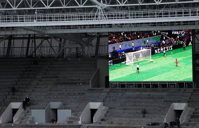 KALININGRAD, RUSSIA - OCTOBER 4, 2017: A screen at Kaliningrad Stadium, a venue for 2018 FIFA World Cup WM Weltmeisterschaft Fussball matches. Vitaly Nevar TASS  TS06318A
