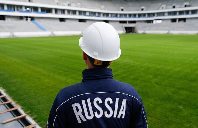 KALININGRAD, RUSSIA - OCTOBER 4, 2017: Pitch at Kaliningrad Stadium, a venue for 2018 FIFA World Cup WM Weltmeisterschaft Fussball matches. Vitaly Nevar TASS  TS063191