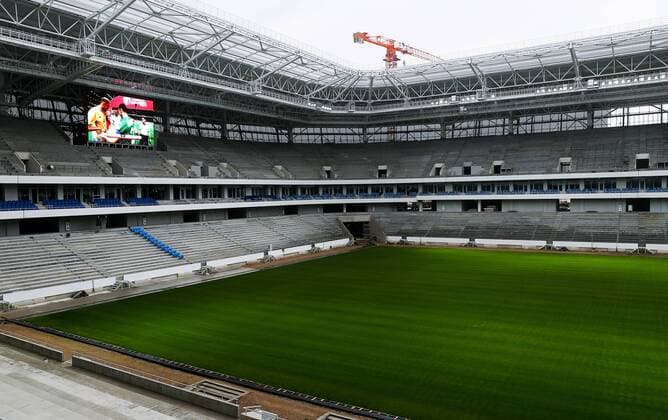 KALININGRAD, RUSSIA - OCTOBER 4, 2017: A screen and pitch at Kaliningrad Stadium, a venue for 2018 FIFA World Cup WM Weltmeisterschaft Fussball matches, that is currently under construction. Vitaly Nevar TASS  TS06319A