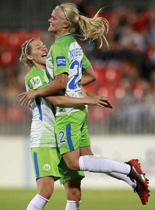 VfL Wolfsburg s Lena Goessling (l) and Pernille Harden celebrate goal during UEFA Womens Champions League 2017 2018, 1 16 Final, 1st match. October 4,2017.  (20171004135)