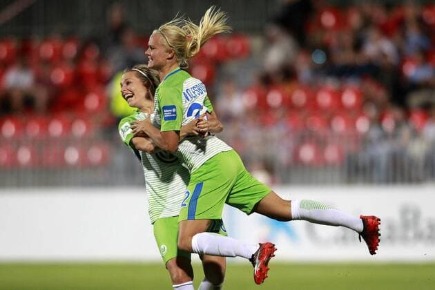 VfL Wolfsburg s Lena Goessling (l) and Pernille Harden celebrate goal during UEFA Womens Champions League 2017 2018, 1 16 Final, 1st match. October 4,2017.  (20171004136)