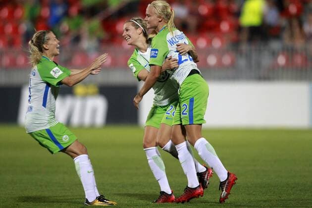 VfL Wolfsburg s Lara Dickenmann, Lena Goessling and Pernille Harden celebrate goal during UEFA Womens Champions League 2017 2018, 1 16 Final, 1st match. October 4,2017.  (20171004139)