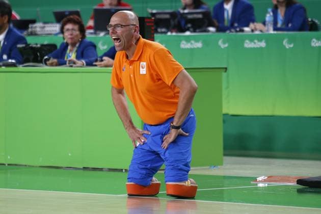 RIO DE JANEIRO , 16-09-2016, Paralympische Zomerspelen 2016 , Olympisch Park, Olympic Arena, rolstoelbasketbal , finale om het brons, Nederland - Groot Brittannie 76 - 34 , Nederland wint Brons . coach Gertjan van der Linden PS 2016 Brons rolstoelbasketbalsters Nederland