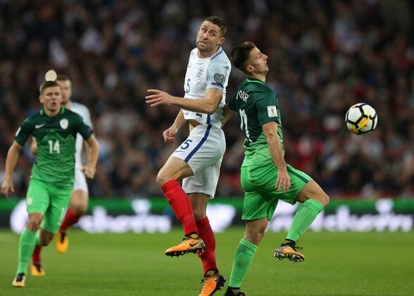 5th October 2017, Wembley Stadium, London, England; FIFA World Cup WM Weltmeisterschaft Fussball Qualification, England versus Slovenia; Gary Cahill of England and Andraz Sporar of Slovenia compete for the ball  ActionPlus11937823