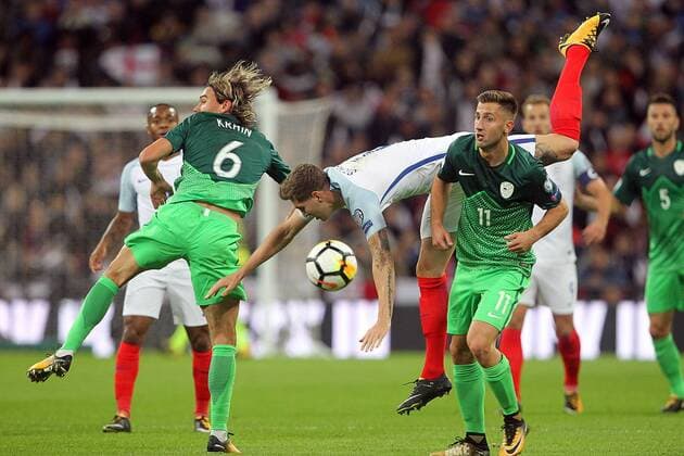 England v Slovenia 2018 FIFA World Cup WM Weltmeisterschaft Fussball Qualifying Rene Krhin of Slovenia and John Stones of England in action during the 2018 FIFA World Cup Qualifying match at Wembley Stadium, London, UK. Content Not Available For UK Newspapers Copyright: xPaulxChestertonx FIL-10770-0013