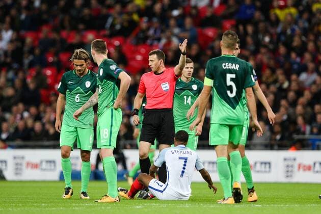 EnglandÕs Raheem Sterling is fouled during the World Cup Qualifying - European - Group F match at Wembley Stadium, London. Picture date 5th October 2017. Picture credit should read: Charlie Forgham-Bailey Sportimage EDITORIAL USE ONLY. No use with unauthorised audio, video, data, fixture lists, club league logos or live services. Online in-match use limited to 120 images, no video emulation. No use in betting, games or single club league player publications.