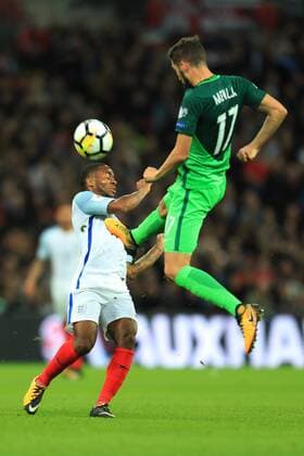5th October 2017, Wembley Stadium, London, England; FIFA World Cup WM Weltmeisterschaft Fussball Qualification, England versus Slovenia; Miha Mevlja of Slovenia challenges Raheem Sterling of England with a high boot  ActionPlus11937863