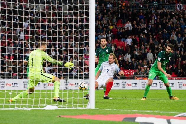England s Harry Kane scoring during the World Cup Qualifying - European - Group F match at Wembley Stadium, London. Picture date 5th October 2017. Picture credit should read: Charlie Forgham-Bailey Sportimage EDITORIAL USE ONLY. No use with unauthorised audio, video, data, fixture lists, club league logos or live services. Online in-match use limited to 120 images, no video emulation. No use in betting, games or single club league player publications.