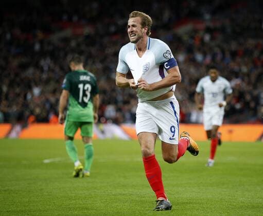 England s Harry Kane celebrates scoring his sides opening goal during the world cup qualifying match at Wembley Stadium, London. Picture date 5th October 2017. Picture credit should read: David Klein Sportimage EDITORIAL USE ONLY. No use with unauthorised audio, video, data, fixture lists, club league logos or live services. Online in-match use limited to 120 images, no video emulation. No use in betting, games or single club league player publications.
