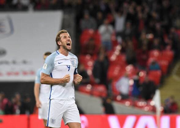 Harry Kane of England celebrates scoring the winning goal during the FIFA World Cup WM Weltmeisterschaft Fussball 2018 Qualifier First Round match between England and Slovenia at Wembley Stadium, London, England on 5 October 2017. Copyright: xVincexMignottx 17050016