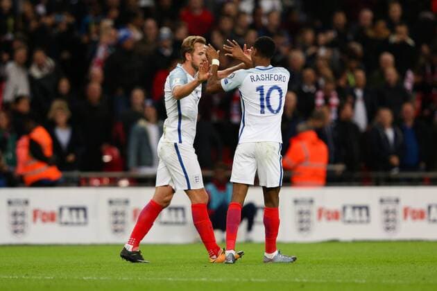 England s Harry Kane and England s Marcus Rashford celebrate the goal during the World Cup Qualifying - European - Group F match at Wembley Stadium, London. Picture date 5th October 2017. Picture credit should read: Charlie Forgham-Bailey Sportimage EDITORIAL USE ONLY. No use with unauthorised audio, video, data, fixture lists, club league logos or live services. Online in-match use limited to 120 images, no video emulation. No use in betting, games or single club league player publications.