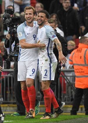 Harry Kane of England celebrates scoring the winning goal with Kyle Walker of England during the FIFA World Cup WM Weltmeisterschaft Fussball 2018 Qualifier First Round match between England and Slovenia at Wembley Stadium, London, England on 5 October 2017. Copyright: xVincexMignottx 17050018