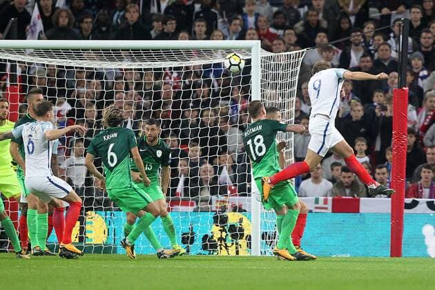 England v Slovenia 2018 FIFA World Cup WM Weltmeisterschaft Fussball Qualifying Harry Kane of England heads the ball into the net but the goal is disallowed during the 2018 FIFA World Cup Qualifying match at Wembley Stadium, London, UK. Content Not Available For UK Newspapers Copyright: xPaulxChestertonx FIL-10770-0049