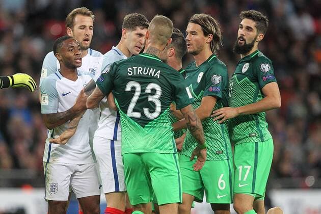 England v Slovenia 2018 FIFA World Cup WM Weltmeisterschaft Fussball Qualifying Tempers flare during the 2018 FIFA World Cup Qualifying match at Wembley Stadium, London, UK. Content Not Available For UK Newspapers Copyright: xPaulxChestertonx FIL-10770-0059