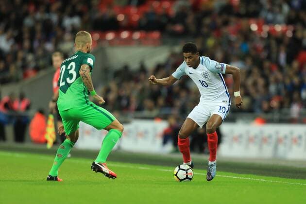 5th October 2017, Wembley Stadium, London, England; FIFA World Cup WM Weltmeisterschaft Fussball Qualification, England versus Slovenia; Marcus Rashford of England takes on Aljaz Struna of Slovenia  ActionPlus11938132