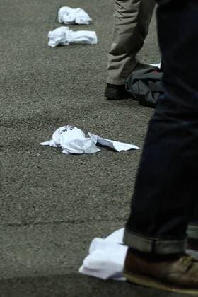 England T-shirts litter the floor after being thrown by fans at the England v Slovenia FIFA World Cup WM Weltmeisterschaft Fussball Qualifier 2018 match at Wembley Stadium, London, on October 5, 2017. 