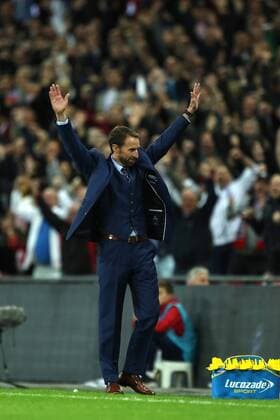 Gareth Southgate manager of England celebrates the England goal at the England v Slovenia FIFA World Cup WM Weltmeisterschaft Fussball Qualifier 2018 match at Wembley Stadium, London, on October 5, 2017. 