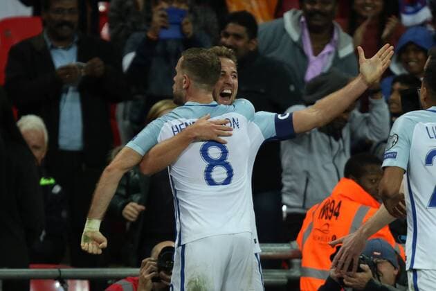 Harry Kane of England celebrates scoring the England goal at the England v Slovenia FIFA World Cup WM Weltmeisterschaft Fussball Qualifier 2018 match at Wembley Stadium, London, on October 5, 2017. 