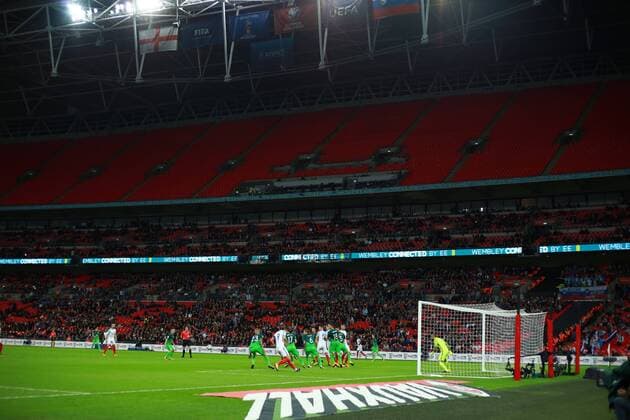 Lots of empty seats at the England v Slovenia FIFA World Cup WM Weltmeisterschaft Fussball Qualifier 2018 match at Wembley Stadium, London, on October 5, 2017. 
