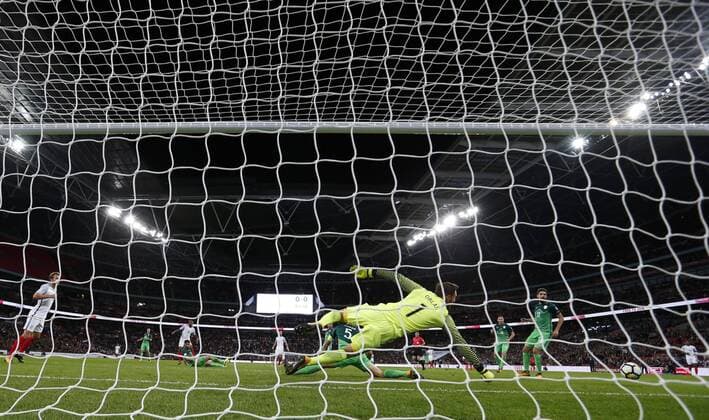(171006) -- LONDON, Oct. 6, 2017 -- Jan Oblak, goalkeeper of Slovenia saves the ball during the FIFA World Cup WM Weltmeisterschaft Fussball 2018 European Qualifier Group E match between England and Slovenia at Wembley Stadium, in London, Britain on Oct. 5, 2017. England won 1-0. ) (SP)BRITAIN-LONDON-FOOTBALL-WORLD CUP QUALIFIER-ENGLAND VS SLOVENIA HanxYan 