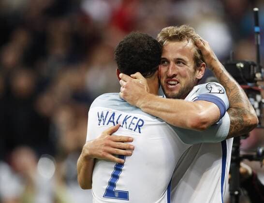 (171006) -- LONDON, Oct. 6, 2017 -- Harry Kane (R) of England celebrates after scoring during the FIFA World Cup WM Weltmeisterschaft Fussball 2018 European Qualifier Group E match between England and Slovenia at Wembley Stadium, in London, Britain on Oct. 5, 2017. England won 1-0. ) (SP)BRITAIN-LONDON-FOOTBALL-WORLD CUP QUALIFIER-ENGLAND VS SLOVENIA HanxYan 