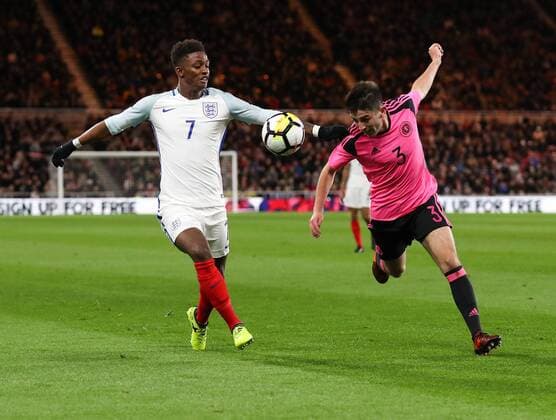 Greg Taylor of Scotland U21 U 21 s in action with Demarai Gray of England U21Õs during the Under 21 European Championship EM Europameisterschaft Qualifier match at Riverside Stadium, Middlesbrough. Picture date 6th October 2017. Picture credit should read: Jamie Tyerman Sportimage EDITORIAL USE ONLY. No use with unauthorised audio, video, data, fixture lists, club league logos or live services. Online in-match use limited to 120 images, no video emulation. No use in betting, games or single club league player publications.