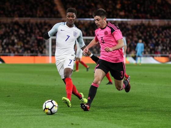 Greg Taylor of Scotland U21 U 21 s in action with Demarai Gray of England U21Õs during the Under 21 European Championship EM Europameisterschaft Qualifier match at Riverside Stadium, Middlesbrough. Picture date 6th October 2017. Picture credit should read: Jamie Tyerman Sportimage EDITORIAL USE ONLY. No use with unauthorised audio, video, data, fixture lists, club league logos or live services. Online in-match use limited to 120 images, no video emulation. No use in betting, games or single club league player publications.