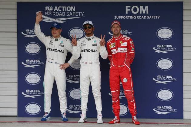 07.10.2017- Qualifying: pole position celebration, 1st position Lewis Hamilton (GBR) Mercedes AMG F1 W08 , 2nd place Valtteri Bottas (FIN) Mercedes AMG F1 W08, 3rd place Sebastian Vettel (GER) Scuderia Ferrari SF70H Japanese Grand Prix, Suzuka 05 - 08 October 2017 07.10.2017- Qualifying: pole position celebration, 1st position Lewis Hamilton (GBR) Mercedes AMG F1 W08 , 2nd place Valtteri Bottas (FIN) Mercedes AMG F1 W08, 3rd place Sebastian Vettel (GER) Scuderia Ferrari SF70H 
