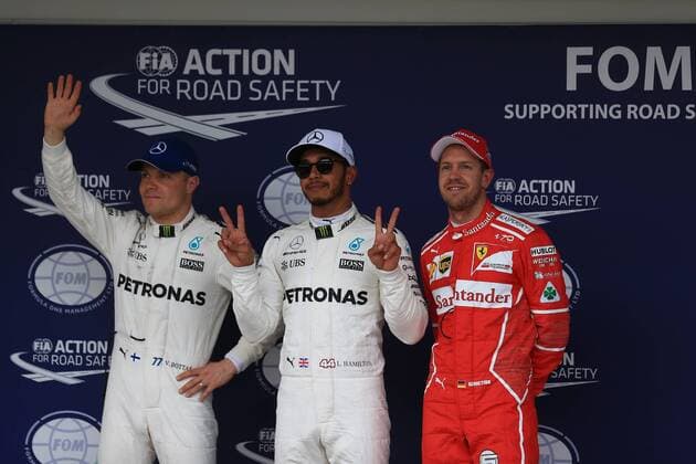 7th October 2017, Suzuka Circuit, Suzuka, Japan; Japanese Formula One Grand Prix, Saturday Qualifying; Lewis Hamilton - Mercedes AMG Petronas F1 Team takes pole followed by team mate Valtteri Bottas and Sebastian Vettel - Scuderia Ferrari  ActionPlus11938488