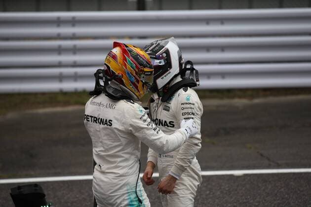 07.10.2017- After Qualifying celebration: Lewis Hamilton (GBR) Mercedes AMG F1 W08 and Valtteri Bottas (FIN) Mercedes AMG F1 W08 Japanese Grand Prix, Suzuka 05 - 08 October 2017 07.10.2017- After Qualifying celebration: Lewis Hamilton (GBR) Mercedes AMG F1 W08 and Valtteri Bottas (FIN) Mercedes AMG F1 W08 