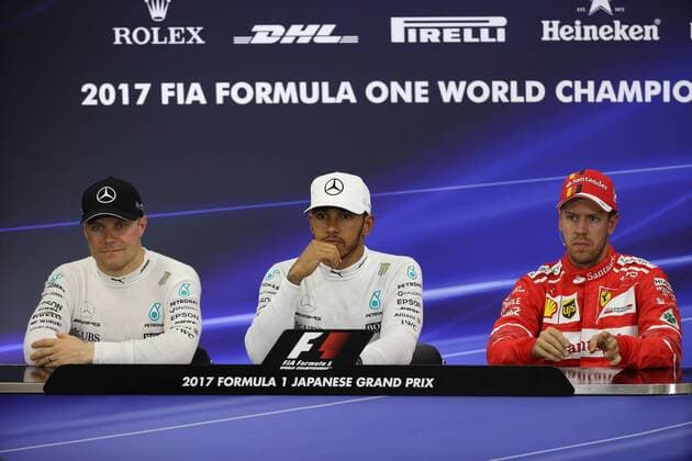 07.10.2017- After Qualifying press conference PK Pressekonferenz L to R Valtteri Bottas (FIN) Mercedes AMG F1 W08, Lewis Hamilton (GBR) Mercedes AMG F1 W08 , Sebastian Vettel (GER) Scuderia Ferrari SF70H Japanese Grand Prix, Suzuka 05 - 08 October 2017 07.10.2017- After Qualifying Press Conference, L to R Valtteri Bottas (FIN) Mercedes AMG F1 W08, Lewis Hamilton (GBR) Mercedes AMG F1 W08 , Sebastian Vettel (GER) Scuderia Ferrari SF70H 