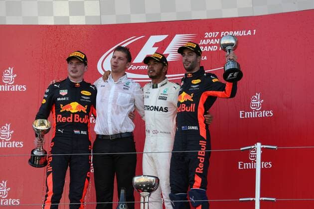 08.10.2017- Race, the podium: winner Lewis Hamilton (GBR) Mercedes AMG F1 W08 , 2nd Max Verstappen (NED) Red Bull Racing RB13 and 3rd Daniel Ricciardo (AUS) Red Bull Racing RB13 Japanese Grand Prix, Suzuka 05 - 08 October 2017 08.10.2017- Race, the podium: winner Lewis Hamilton (GBR) Mercedes AMG F1 W08 , 2nd Max Verstappen (NED) Red Bull Racing RB13 and 3rd Daniel Ricciardo (AUS) Red Bull Racing RB13 