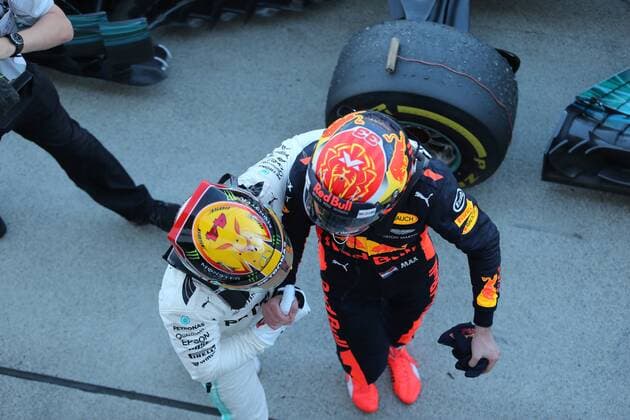 08.10.2017- Celebration in parc fermee, Lewis Hamilton (GBR) Mercedes AMG F1 W08 with Max Verstappen (NED) Red Bull Racing RB13 Japanese Grand Prix, Suzuka 05 - 08 October 2017 08.10.2017- Celebration in parc fermee, Lewis Hamilton (GBR) Mercedes AMG F1 W08 with Max Verstappen (NED) Red Bull Racing RB13 