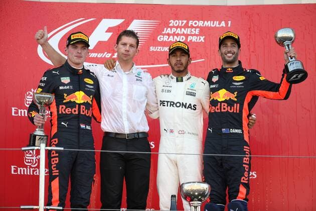 08.10.2017- The Podium, winner Lewis Hamilton (GBR) Mercedes AMG F1 W08, 2nd Max Verstappen (NED) Red Bull Racing RB13, 3rd Daniel Ricciardo (AUS) Red Bull Racing RB13 Japanese Grand Prix, Suzuka 05 - 08 October 2017 08.10.2017- The Podium, winner Lewis Hamilton (GBR) Mercedes AMG F1 W08, 2nd Max Verstappen (NED) Red Bull Racing RB13, 3rd Daniel Ricciardo (AUS) Red Bull Racing RB13 