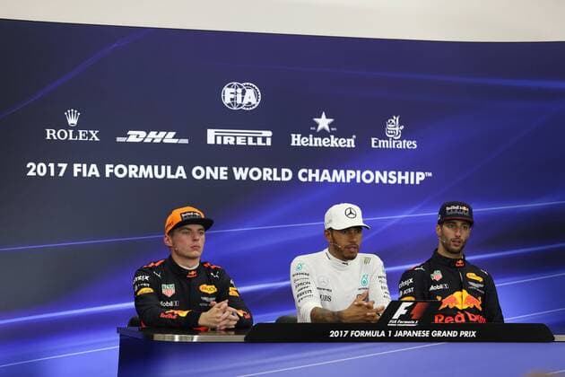 08.10.2017- After race press conference PK Pressekonferenz L to R Max Verstappen (NED) Red Bull Racing RB13, Lewis Hamilton (GBR) Mercedes AMG F1 W08 and Daniel Ricciardo (AUS) Red Bull Racing RB13 Japanese Grand Prix, Suzuka 05 - 08 October 2017 08.10.2017- After race Press Conference, L to R Max Verstappen (NED) Red Bull Racing RB13, Lewis Hamilton (GBR) Mercedes AMG F1 W08 and Daniel Ricciardo (AUS) Red Bull Racing RB13 