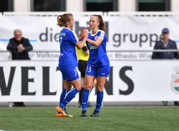 Jubel, Freuen, celebrate, happy, cheer , Goal Celebration Anna Gasper (Potsdam, 7) Lia Wälti (Potsdam, 13) nach 0:2, DFB Pokal der Frauen , FSV Gütersloh - 1.FFC Turbine Potsdam, xmkx