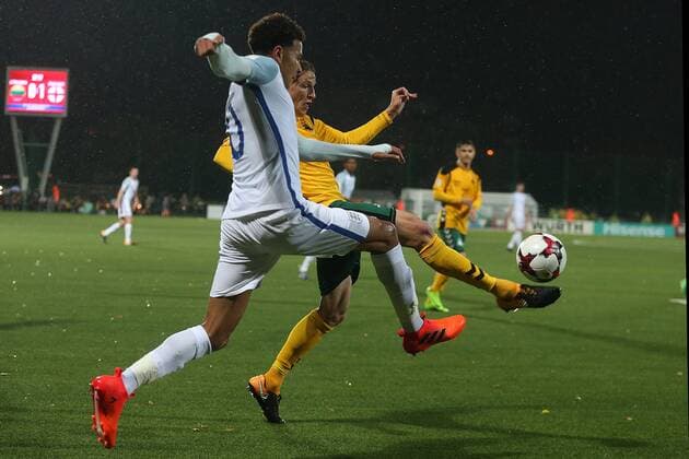Lithuania v England 2018 FIFA World Cup WM Weltmeisterschaft Fussball Qualifying Vykintas Slivka of Lithuania and Dele Alli of England in action during the 2018 FIFA World Cup Qualifying match at LFF Stadium, Vilnius Content Not Available For UK Newspapers Copyright: xPaulxChestertonx FIL-10791-0066