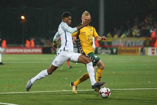 Lithuania v England 2018 FIFA World Cup WM Weltmeisterschaft Fussball Qualifying Marcus Rashford of England and Vytautas Andriuskevicius of Lithuania in action during the 2018 FIFA World Cup Qualifying match at LFF Stadium, Vilnius Content Not Available For UK Newspapers Copyright: xPaulxChestertonx FIL-10791-0068