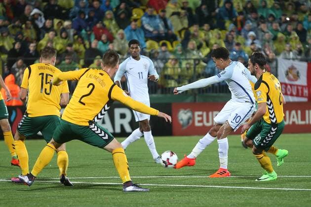 Lithuania v England 2018 FIFA World Cup WM Weltmeisterschaft Fussball Qualifying Dele Alli of England has a shot on goal during the 2018 FIFA World Cup Qualifying match at LFF Stadium, Vilnius Content Not Available For UK Newspapers Copyright: xPaulxChestertonx FIL-10791-0076
