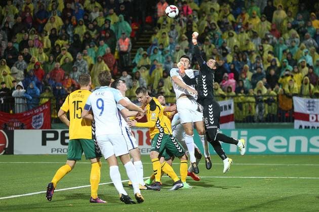 Lithuania v England 2018 FIFA World Cup WM Weltmeisterschaft Fussball Qualifying Emilijus Zubas of Lithuania misses a punch during the 2018 FIFA World Cup Qualifying match at LFF Stadium, Vilnius Content Not Available For UK Newspapers Copyright: xPaulxChestertonx FIL-10791-0096