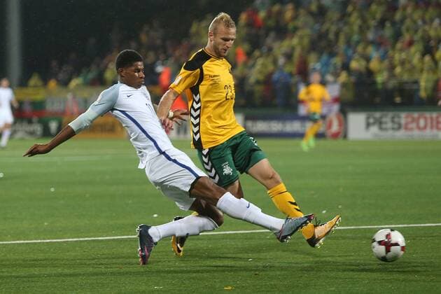 Lithuania v England 2018 FIFA World Cup WM Weltmeisterschaft Fussball Qualifying Marcus Rashford of England and Vytautas Andriuskevicius of Lithuania in action during the 2018 FIFA World Cup Qualifying match at LFF Stadium, Vilnius Content Not Available For UK Newspapers Copyright: xPaulxChestertonx FIL-10791-0099