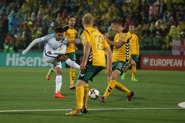 Lithuania v England 2018 FIFA World Cup WM Weltmeisterschaft Fussball Qualifying Dele Alli of England has a shot on goal during the 2018 FIFA World Cup Qualifying match at LFF Stadium, Vilnius Content Not Available For UK Newspapers Copyright: xPaulxChestertonx FIL-10791-0101