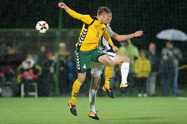 Lithuania v England 2018 FIFA World Cup WM Weltmeisterschaft Fussball Qualifying Michael Keane of England and Vykintas Slivka of Lithuania in action during the 2018 FIFA World Cup Qualifying match at LFF Stadium, Vilnius Content Not Available For UK Newspapers Copyright: xPaulxChestertonx FIL-10791-0136