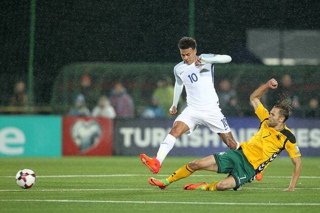 Lithuania v England 2018 FIFA World Cup WM Weltmeisterschaft Fussball Qualifying Arturas Zulpa of Lithuania and Dele Alli of England in action during the 2018 FIFA World Cup Qualifying match at LFF Stadium, Vilnius Content Not Available For UK Newspapers Copyright: xPaulxChestertonx FIL-10791-0148