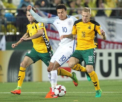 Lithuania v England 2018 FIFA World Cup WM Weltmeisterschaft Fussball Qualifying Dele Alli of England and Ovidijus Verbickas of Lithuania in action during the National Anthems before the 2018 FIFA World Cup Qualifying match at LFF Stadium, Vilnius Content Not Available For UK Newspapers Copyright: xPaulxChestertonx FIL-10791-0159