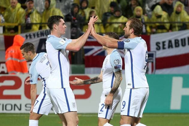 Lithuania v England 2018 FIFA World Cup WM Weltmeisterschaft Fussball Qualifying Harry Kane of England celebrates scoring his side?s 1st goal with Michael Keane of England during the 2018 FIFA World Cup Qualifying match at LFF Stadium, Vilnius Content Not Available For UK Newspapers Copyright: xPaulxChestertonx FIL-10791-0209