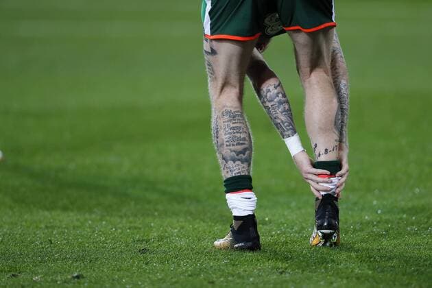 Republic of Ireland s James McClean?s tattoo?s during the world cup group D qualifying match at Cardiff City Stadium, Cardiff. Picture date 9th October 2017. Picture credit should read: David Klein Sportimage EDITORIAL USE ONLY. No use with unauthorised audio, video, data, fixture lists, club league logos or live services. Online in-match use limited to 120 images, no video emulation. No use in betting, games or single club league player publications.