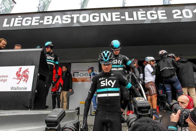 ANS - 24-04-2016, wielrennen, Luik Bastenaken luik, Wout Poels met Chris Froome voor de start van Luik-Bastenaken-Luik Luik Bastenaken Luik 2016