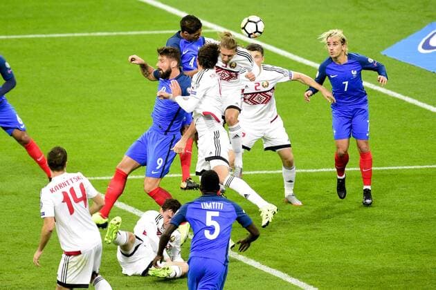 Olivier Giroud France Raphael Varane France FOOTBALL France vs Bielorussie Qualifications St Denis 10 10 2017 JBAutissier Panoramic 